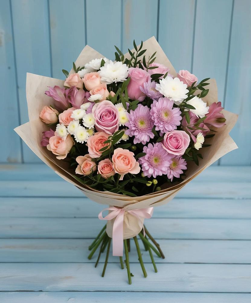 Букет цветов из: Хризантемы, Розы и Альстромерии в Лахденпохье