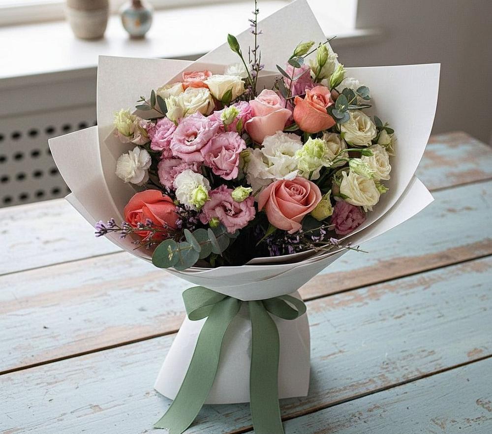 Букет цветов из: Розы, Лизиантусы и Гвоздики в Лахденпохье