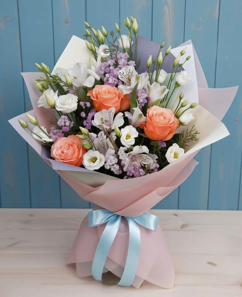 Букет цветов из: Лизиантусы, Розы, Альстромерии и Гипсофила в Лахденпохье