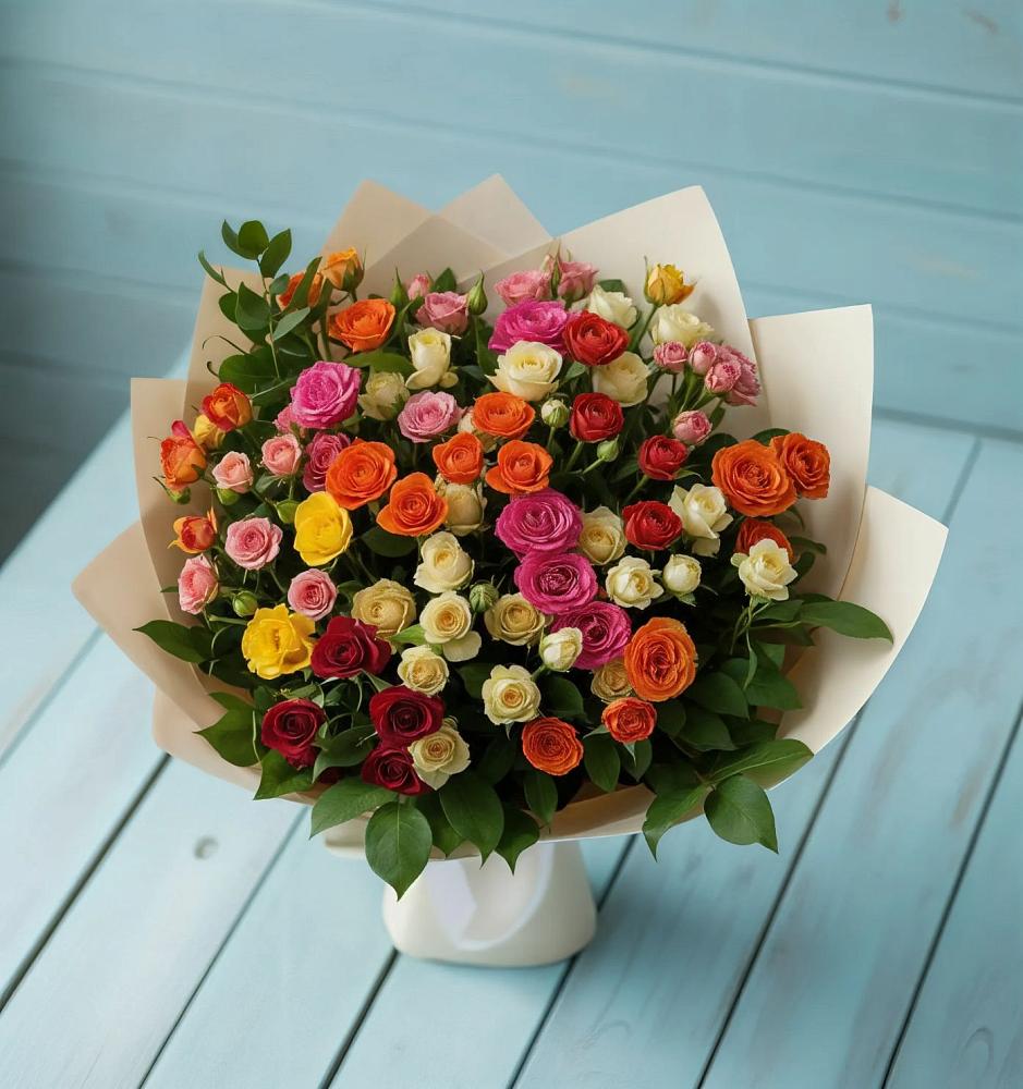 Букет Микс из разноцветных кустовых роз в Лахденпохье