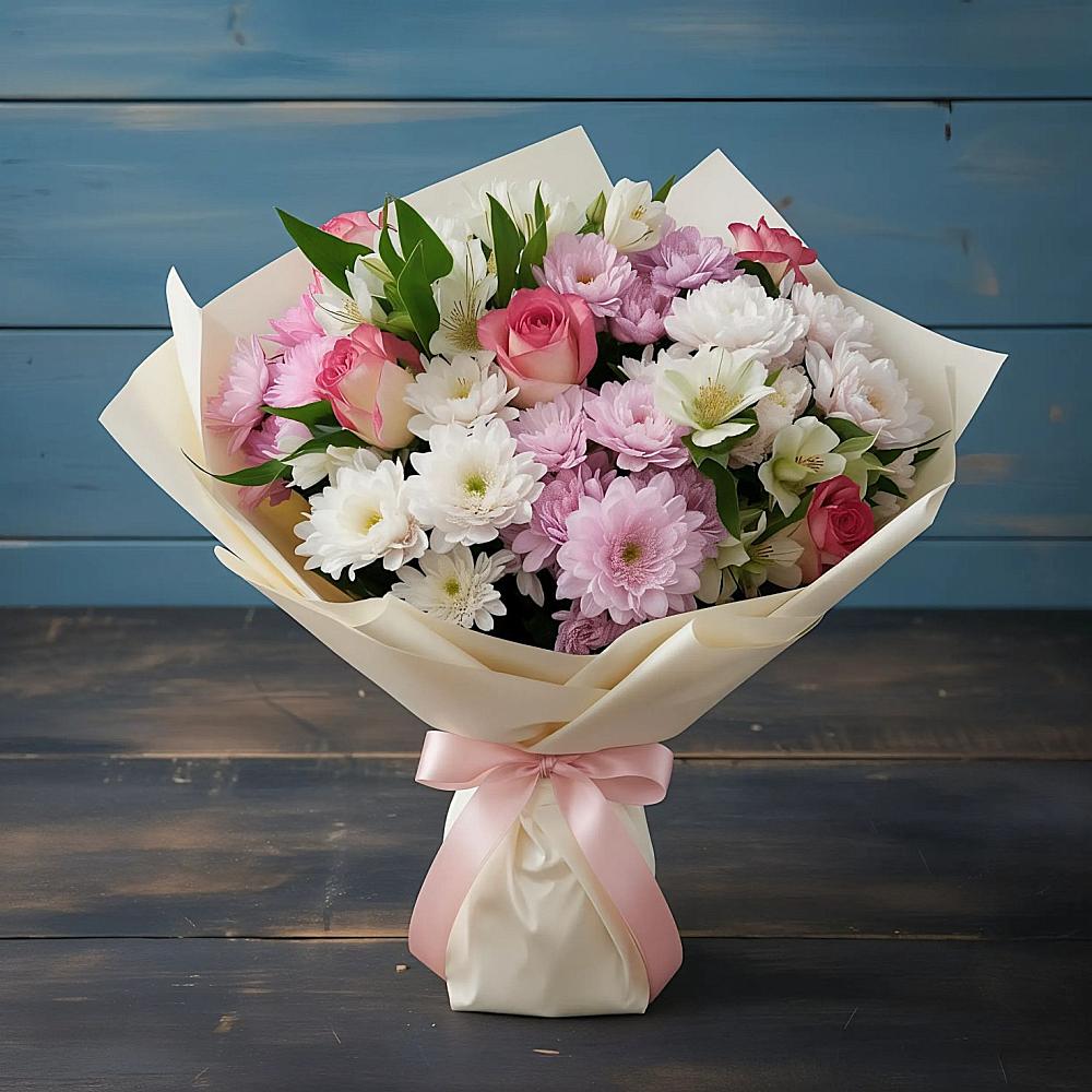 Букет цветов из: Хризантемы, Альстромерии и Розы в Лахденпохье